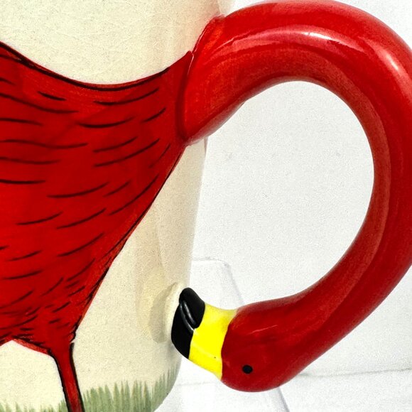 Set 2 Pier 1 Sculpted Fanni Flamingo 3D Red White Coffee Mug Tall 16 oz Hand Pai - Picture 4 of 12